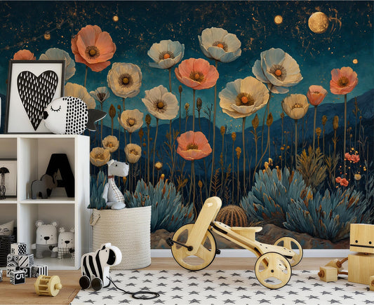 Moonlit Desert Floral Non Floral Wallpaper – lifestyle view, Golden Era Walls