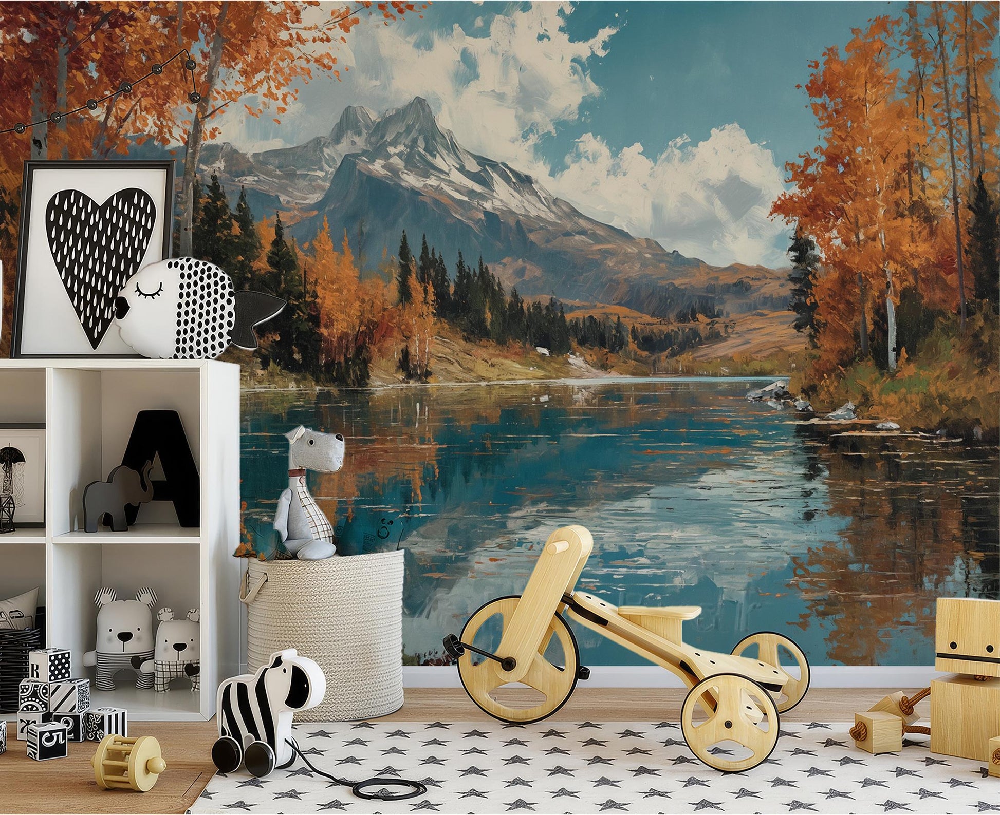 Autumn Reflection Mountain Lake Coastal Wallpaper – peel and stick wallpaper mural, Golden Era Walls