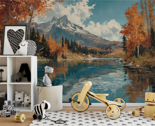 Autumn Reflection Mountain Lake Coastal Wallpaper – peel and stick wallpaper mural, Golden Era Walls