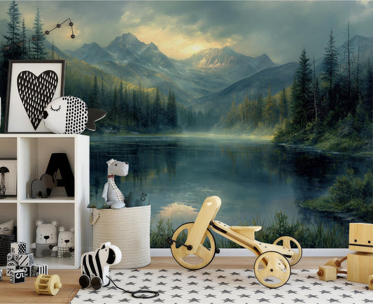 Calm Lakeside Forest Serene Wallpaper – detail view, Golden Era Walls
