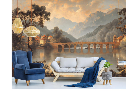 Classic Bridge Over Water Wallpaper – room setting, Golden Era Walls