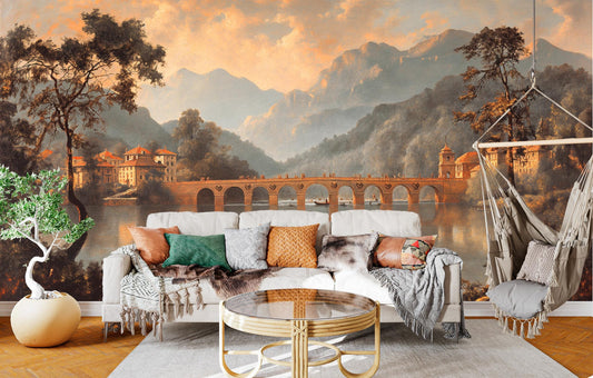 Classic Bridge Over Water Wallpaper – lifestyle view, Golden Era Walls