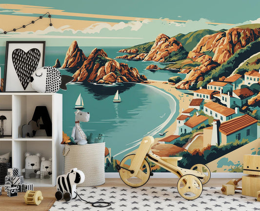 Coastal Mediterranean Landscape Non Coastal Wallpaper – peel and stick wallpaper mural, Golden Era Walls