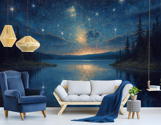 Dreamy Starry Sky Lake Wallpaper – peel and stick wallpaper mural, Golden Era Walls