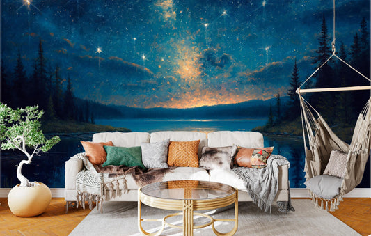 Dreamy Starry Sky Lake Wallpaper – lifestyle view, Golden Era Walls