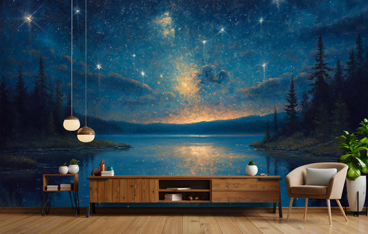 Dreamy Starry Sky Lake Wallpaper – room setting, Golden Era Walls