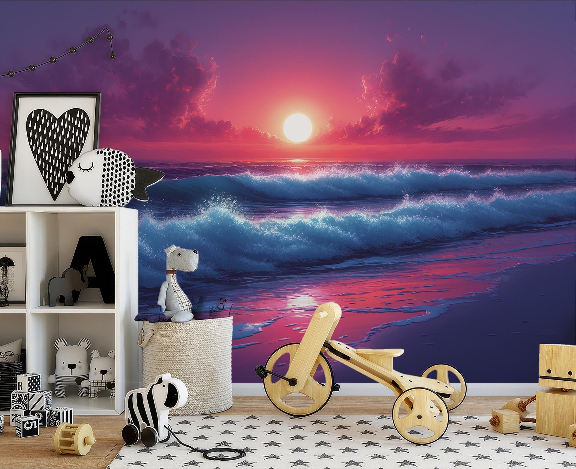 Dreamy Sunset Over Waves Coastal Wallpaper – room setting, Golden Era Walls