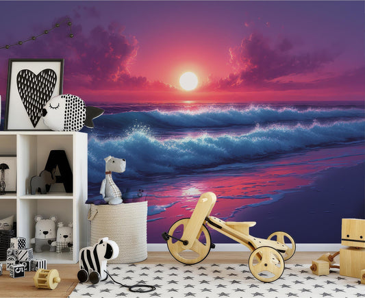 Dreamy Sunset Over Waves Coastal Wallpaper – room setting, Golden Era Walls