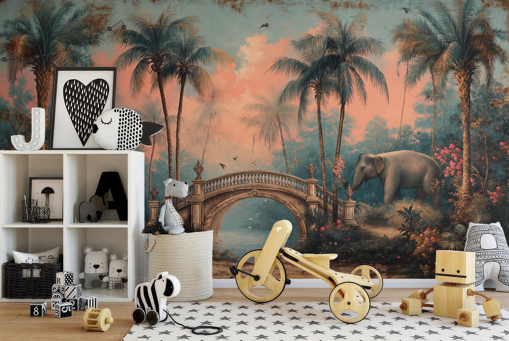 Dreamy Tropical Garden Elephants Floral Wallpaper – detail view, Golden Era Walls