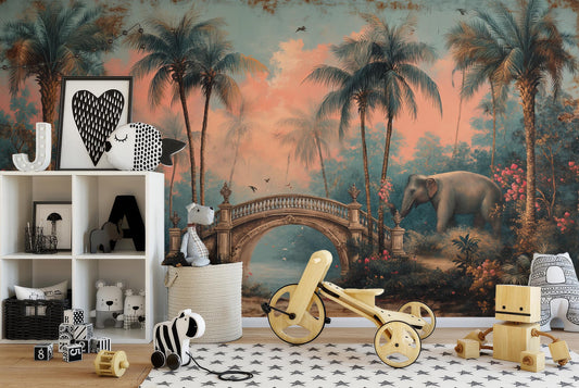 Dreamy Tropical Garden Elephants Floral Wallpaper – detail view, Golden Era Walls