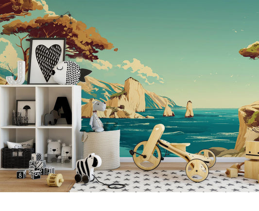 Mediterranean Beach Landscape Featuring Geometric Wallp – peel and stick wallpaper mural, Golden Era Walls