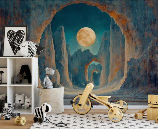 Moonlit Canyon Arches Surreal Wallpaper – room setting, Golden Era Walls