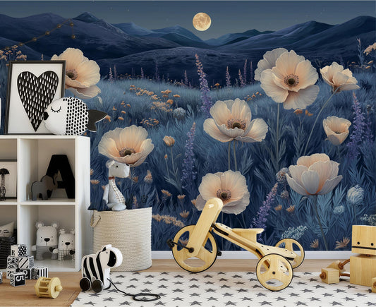 Moonlit Desert Bloom Non Floral Wallpaper – room setting, Golden Era Walls