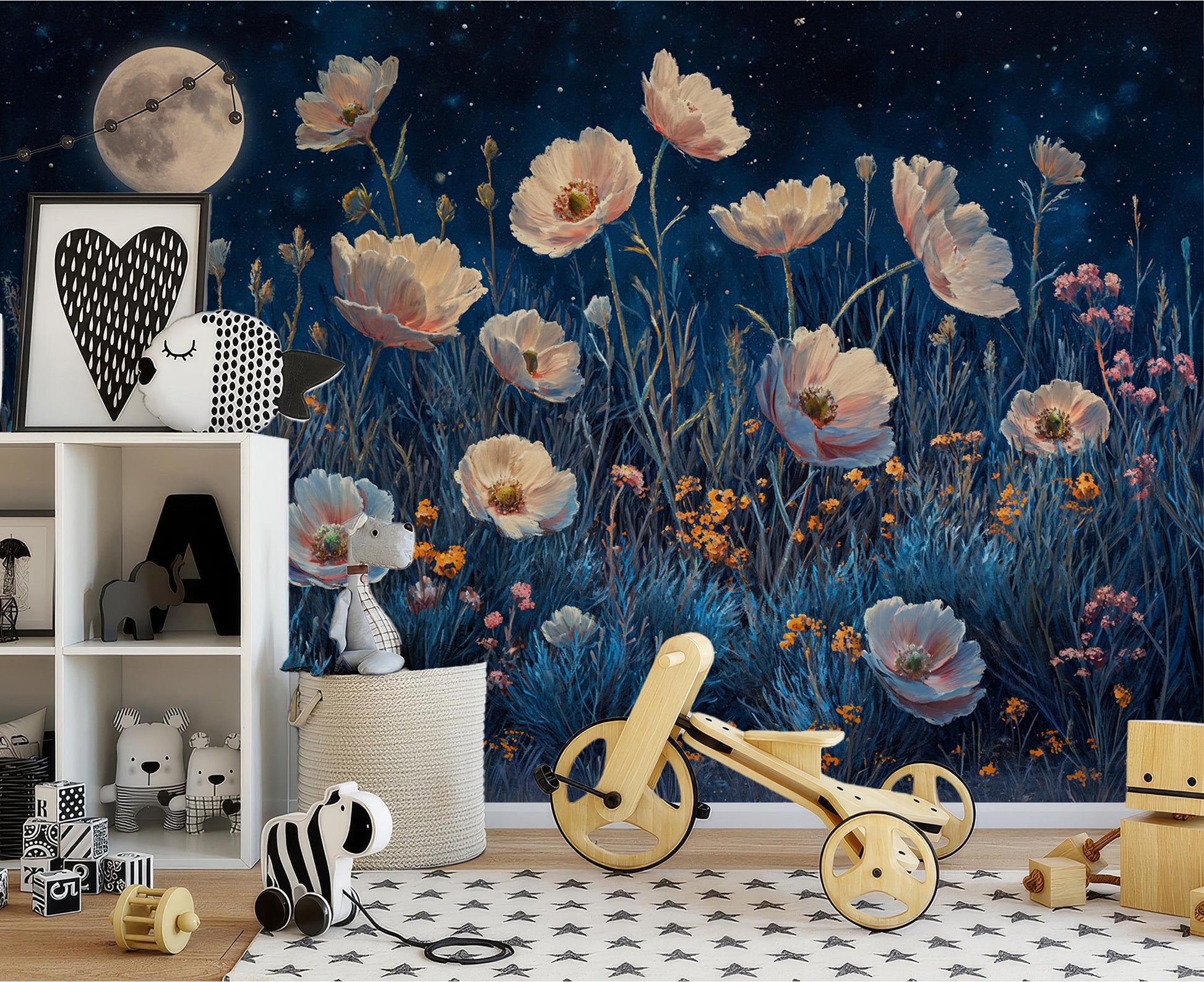 Moonlit Desert Wildflower Starry Floral Wallpaper – detail view, Golden Era Walls