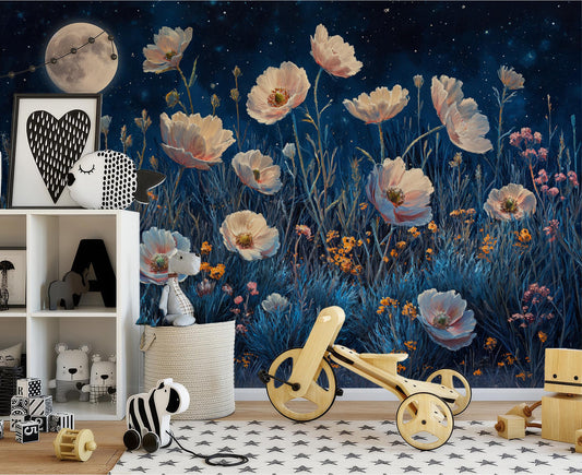 Moonlit Desert Wildflower Starry Floral Wallpaper – detail view, Golden Era Walls