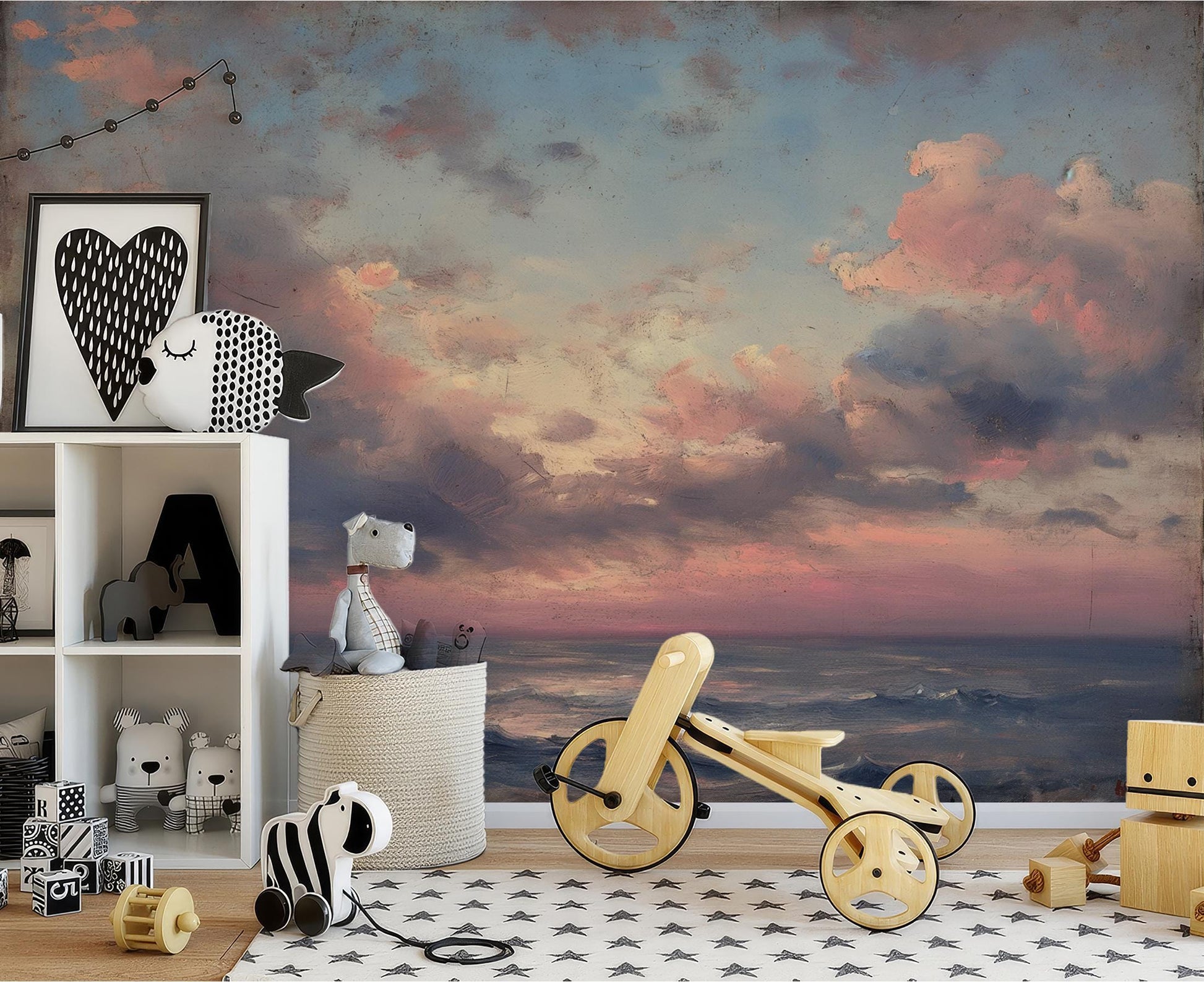 Pink Sunset Over Ocean Coastal Wallpaper – lifestyle view, Golden Era Walls