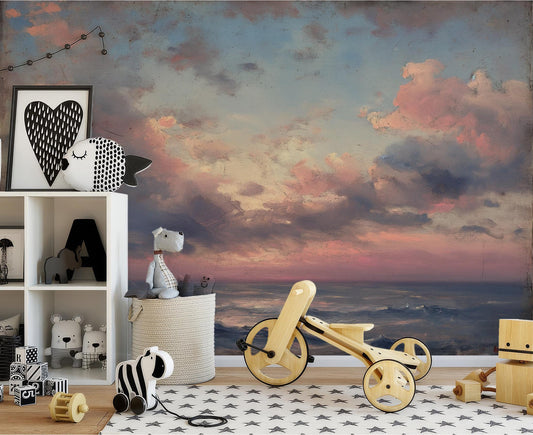 Pink Sunset Over Ocean Coastal Wallpaper – lifestyle view, Golden Era Walls