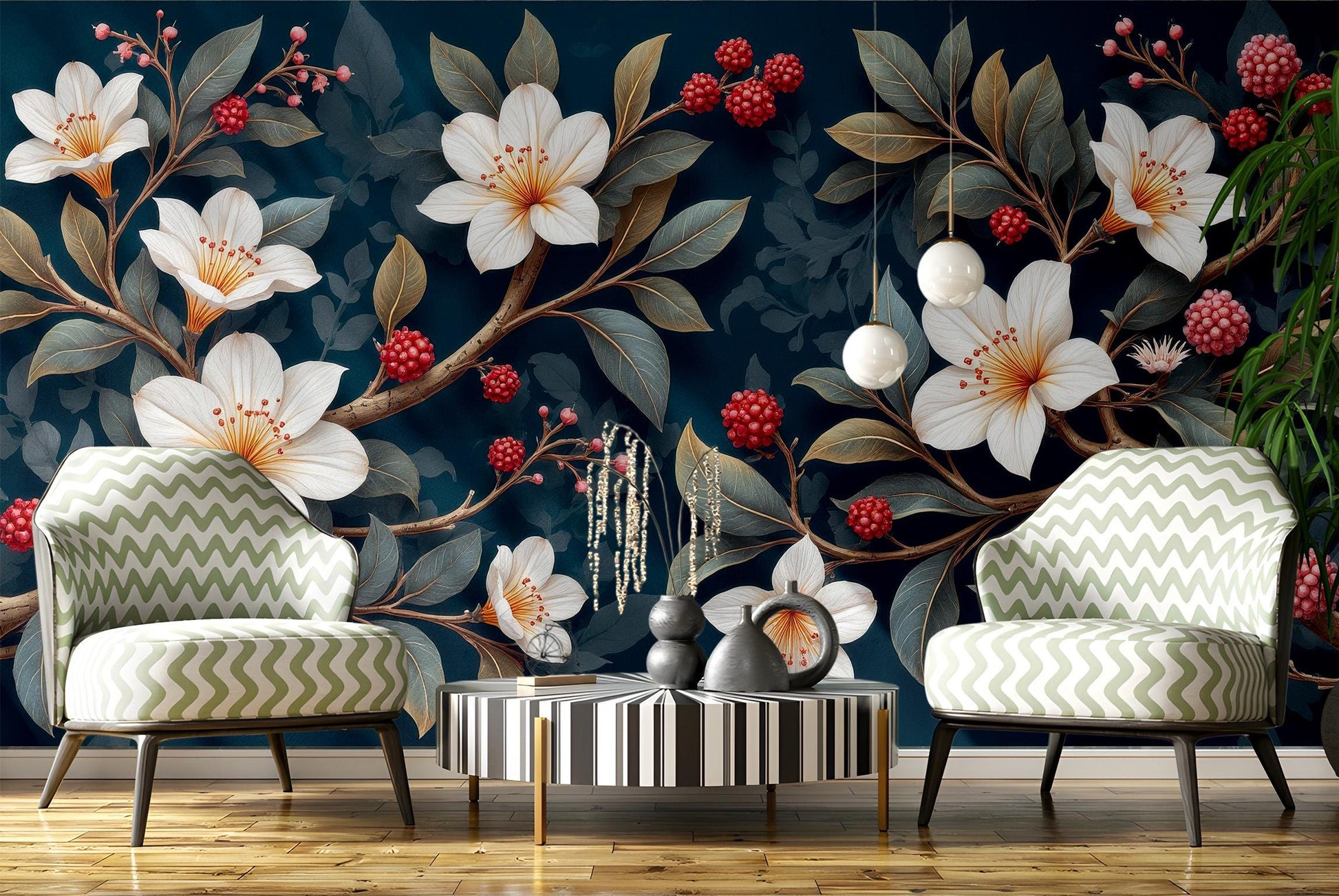 White Floral Berry Branch Floral Wallpaper – lifestyle view, Golden Era Walls