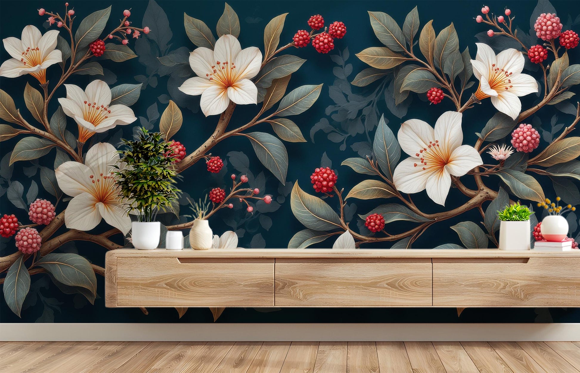 White Floral Berry Branch Floral Wallpaper – detail view, Golden Era Walls