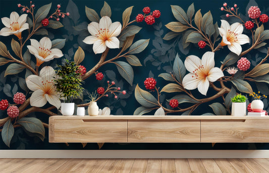 White Floral Berry Branch Floral Wallpaper – detail view, Golden Era Walls