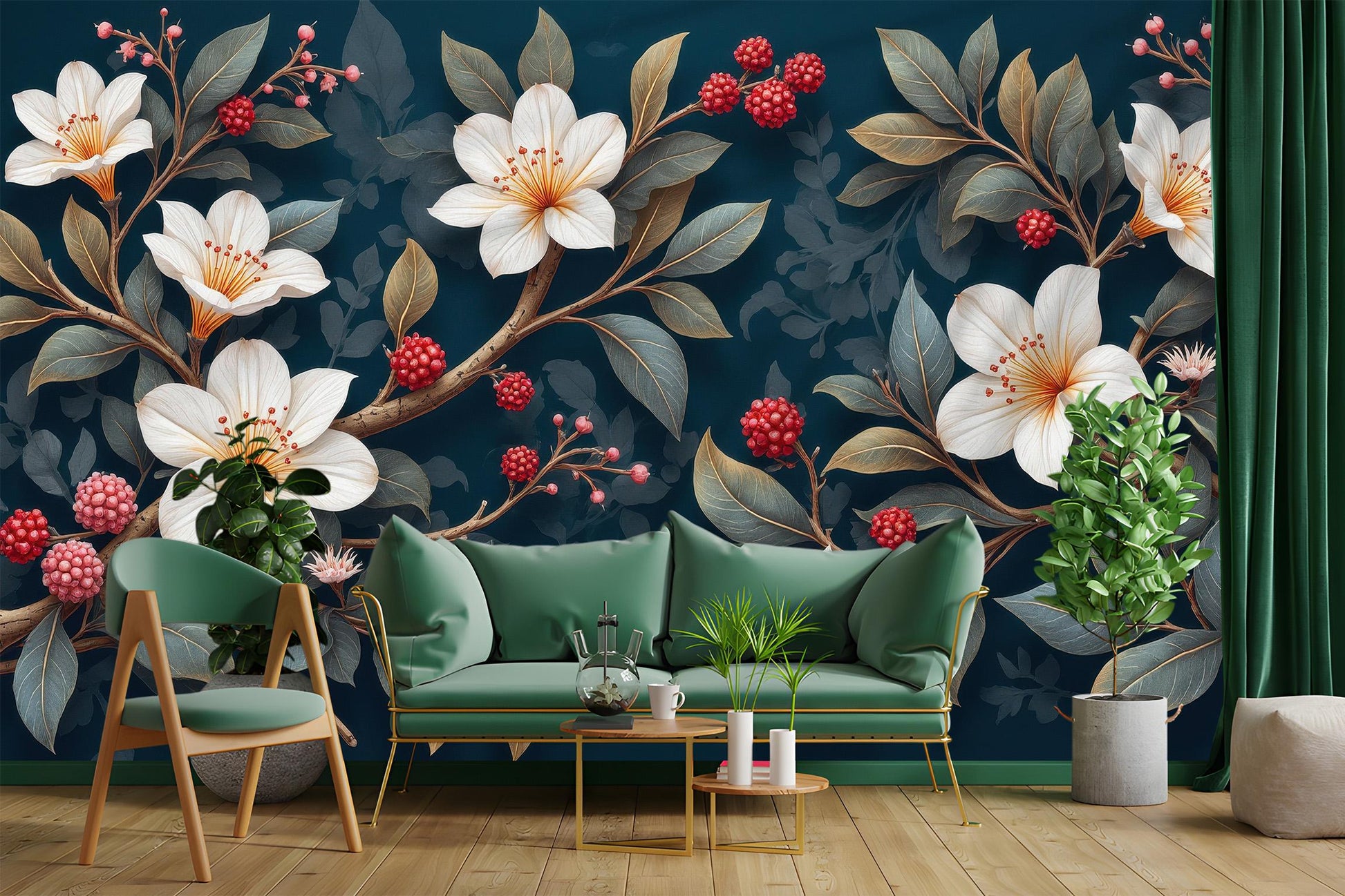 White Floral Berry Branch Floral Wallpaper – room setting, Golden Era Walls