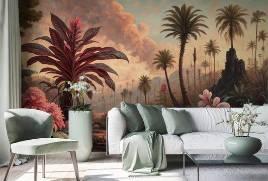 Vintage Tropical Landscape Renter Floral Wallpaper – room setting, Golden Era Walls