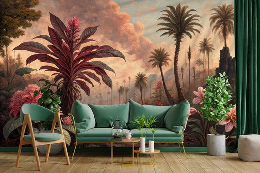 Vintage Tropical Landscape Renter Floral Wallpaper – lifestyle view, Golden Era Walls