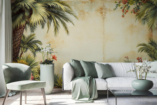Tropical Vintage Renter Friendly Floral Wallpaper – room setting, Golden Era Walls