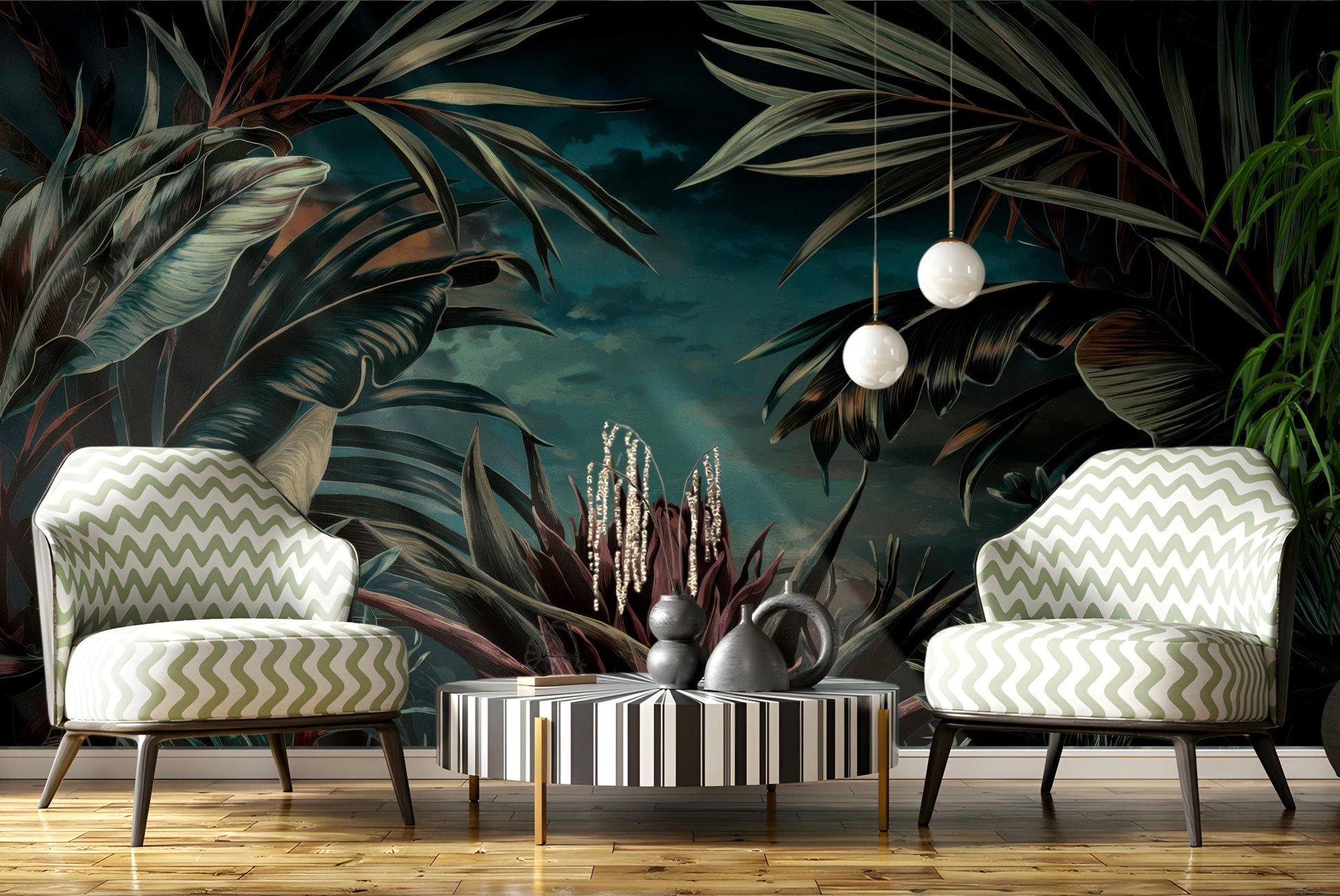 Tropical Jungle Lush Non Floral Wallpaper – scale reference, Golden Era Walls