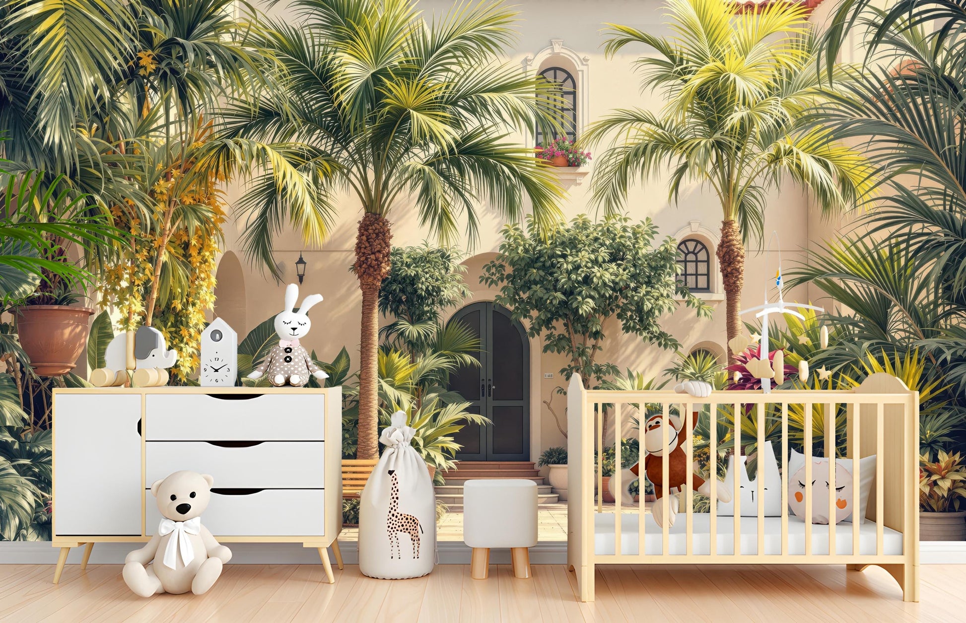 Tropical Courtyard Renter Friendly Tropical Wallpaper – detail view, Golden Era Walls