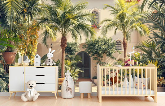Tropical Courtyard Renter Friendly Tropical Wallpaper – detail view, Golden Era Walls