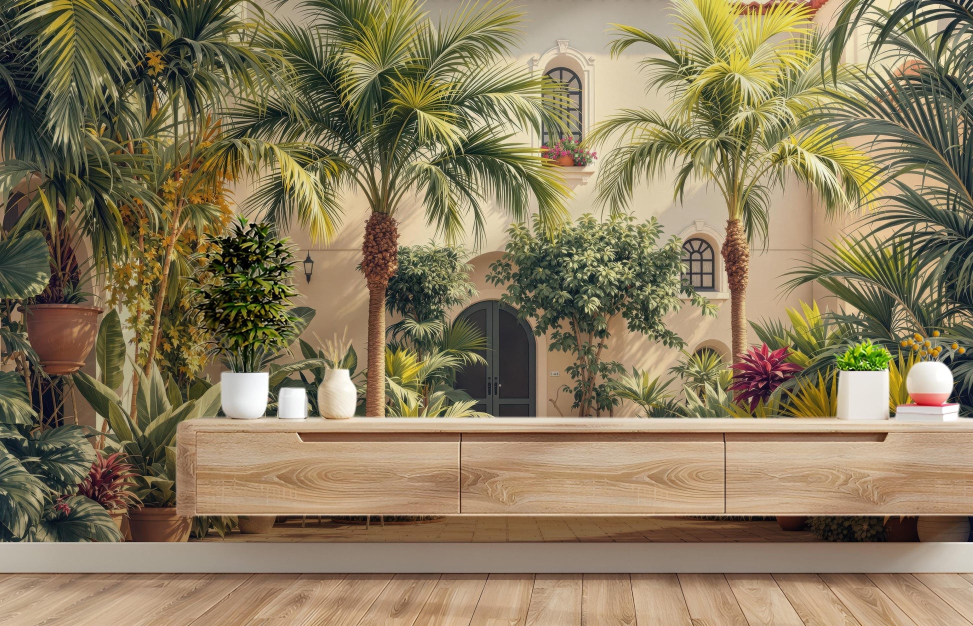 Tropical Courtyard Renter Friendly Tropical Wallpaper – room setting, Golden Era Walls