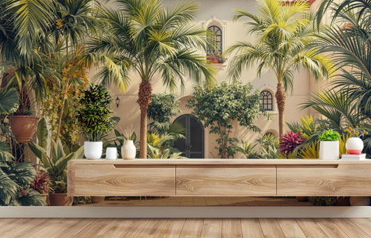 Tropical Courtyard Renter Friendly Tropical Wallpaper – room setting, Golden Era Walls