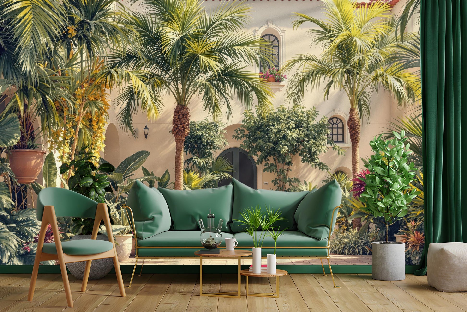 Tropical Courtyard Renter Friendly Tropical Wallpaper – lifestyle view, Golden Era Walls