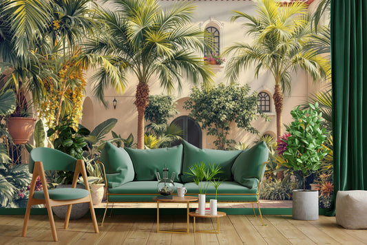Tropical Courtyard Renter Friendly Tropical Wallpaper – lifestyle view, Golden Era Walls