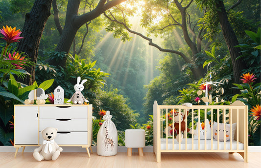 Sunlit Tropical Jungle Renter Floral Wallpaper – room setting, Golden Era Walls