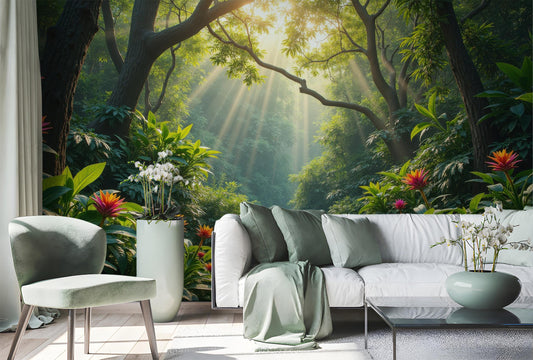 Sunlit Tropical Jungle Renter Floral Wallpaper – lifestyle view, Golden Era Walls