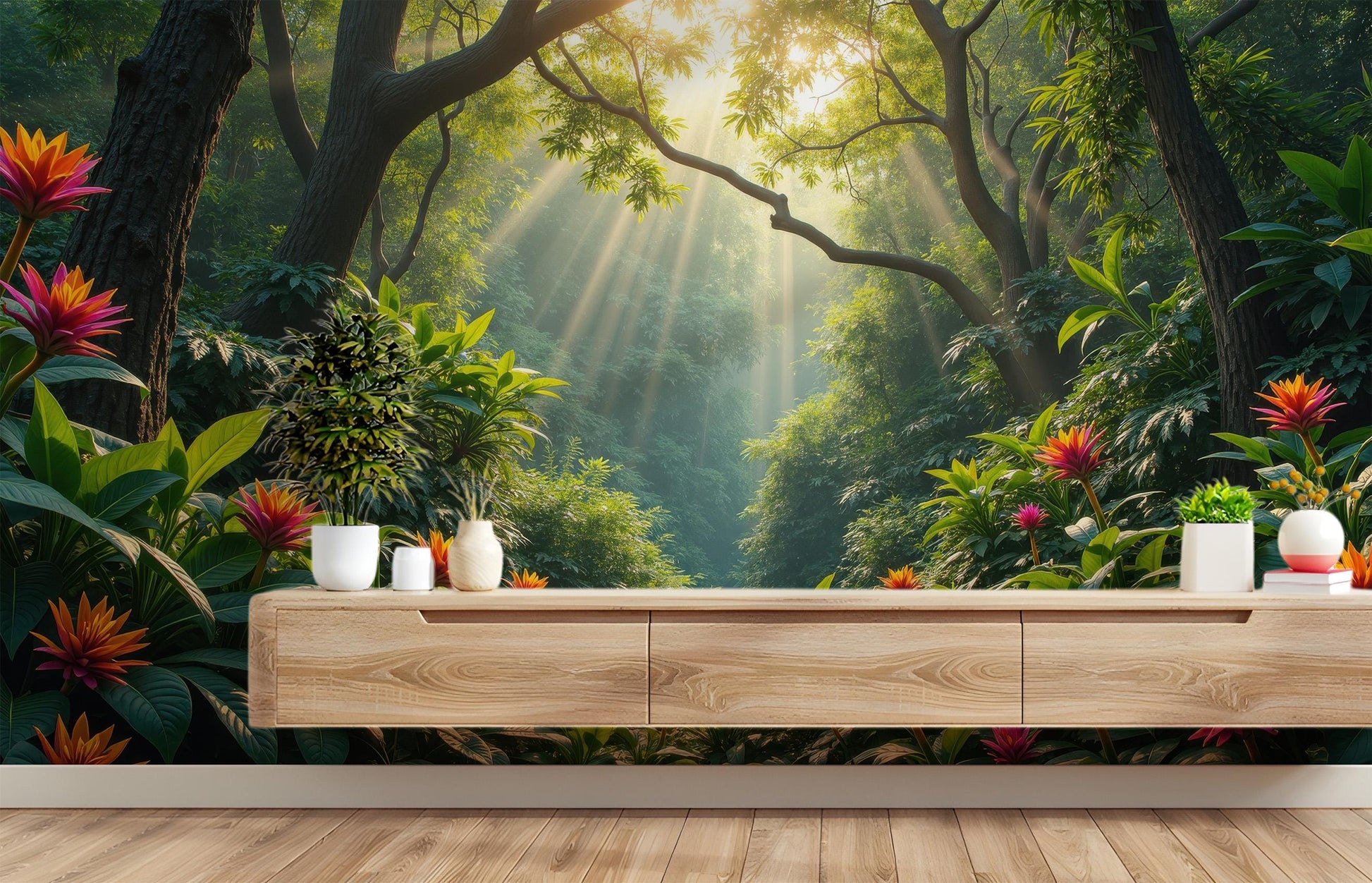 Sunlit Tropical Jungle Renter Floral Wallpaper – scale reference, Golden Era Walls
