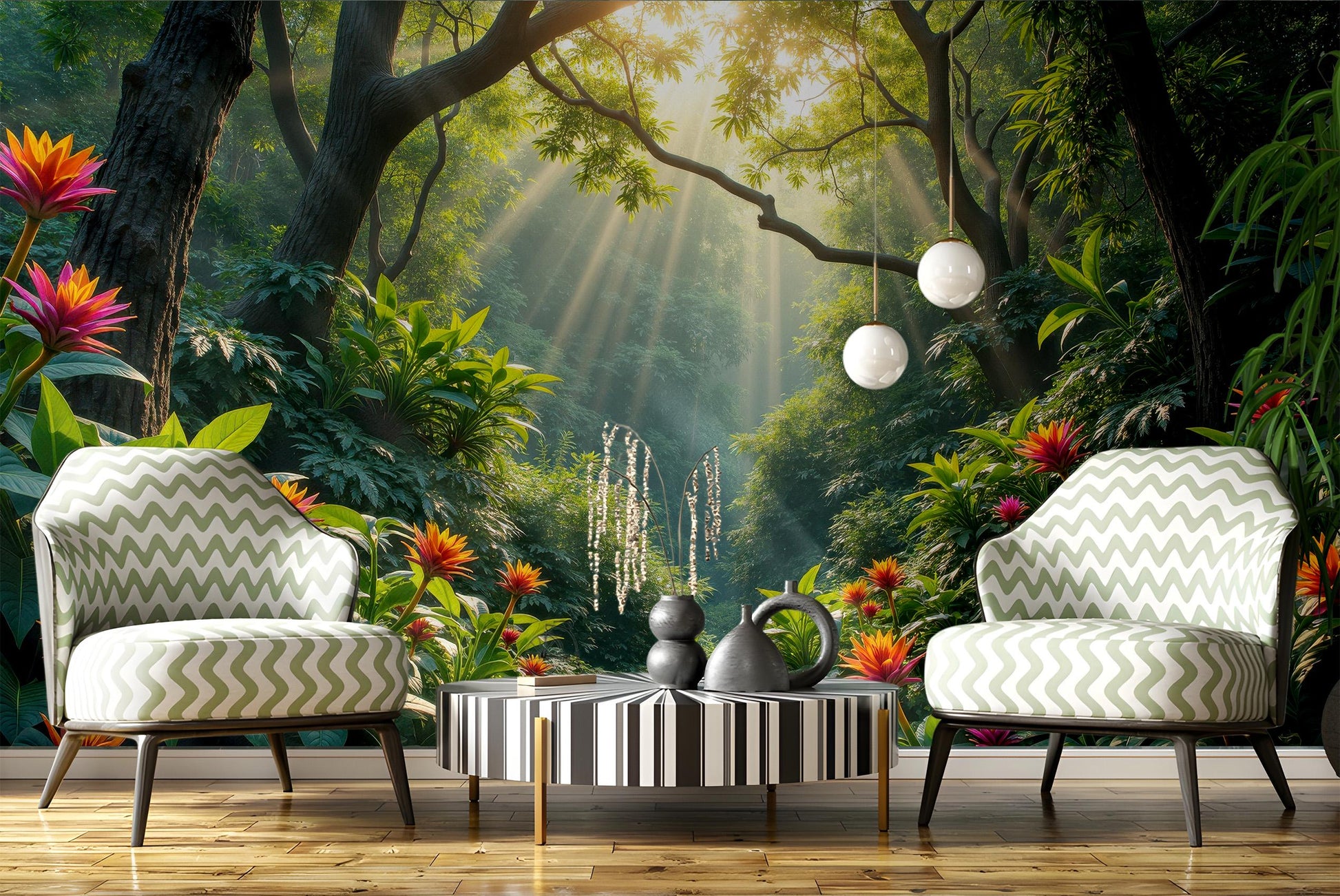 Sunlit Tropical Jungle Renter Floral Wallpaper – detail view, Golden Era Walls