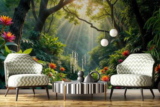 Sunlit Tropical Jungle Renter Floral Wallpaper – detail view, Golden Era Walls