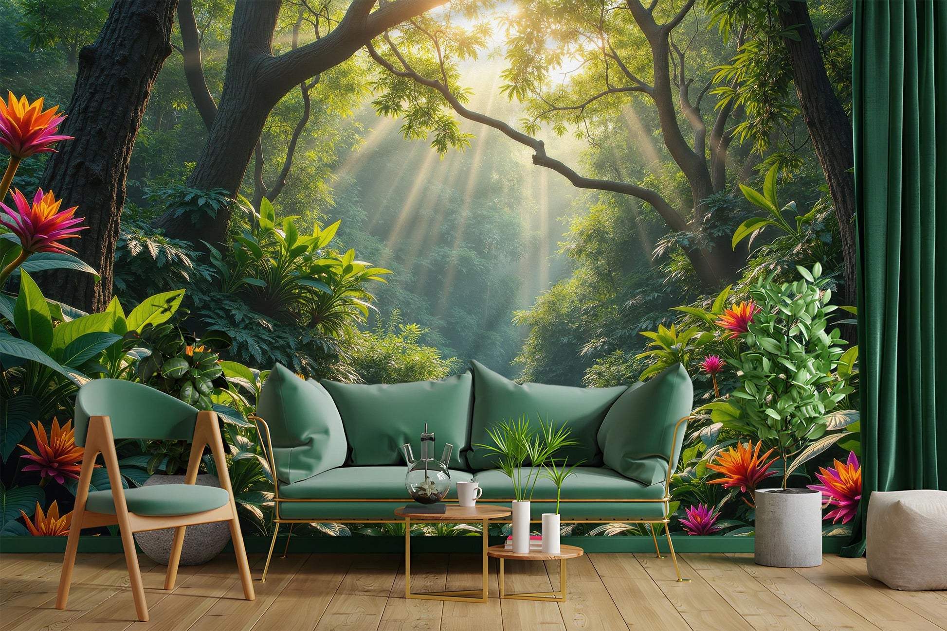 Sunlit Tropical Jungle Renter Floral Wallpaper – peel and stick wallpaper mural, Golden Era Walls