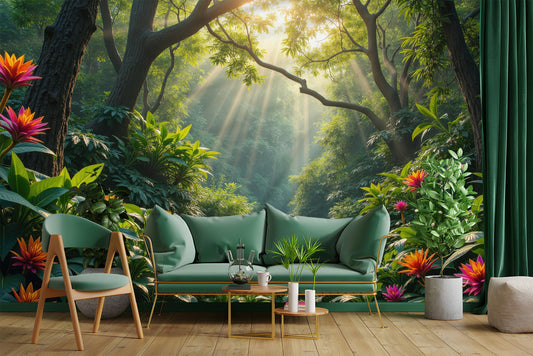Sunlit Tropical Jungle Renter Floral Wallpaper – peel and stick wallpaper mural, Golden Era Walls