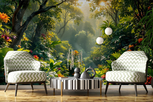 Tropical Rainforest Non Woven Floral Wallpaper – room setting, Golden Era Walls