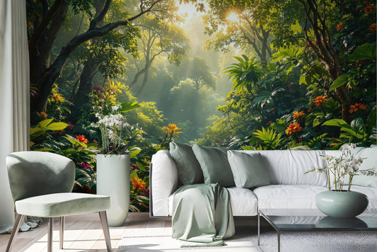 Tropical Rainforest Non Woven Floral Wallpaper – peel and stick wallpaper mural, Golden Era Walls