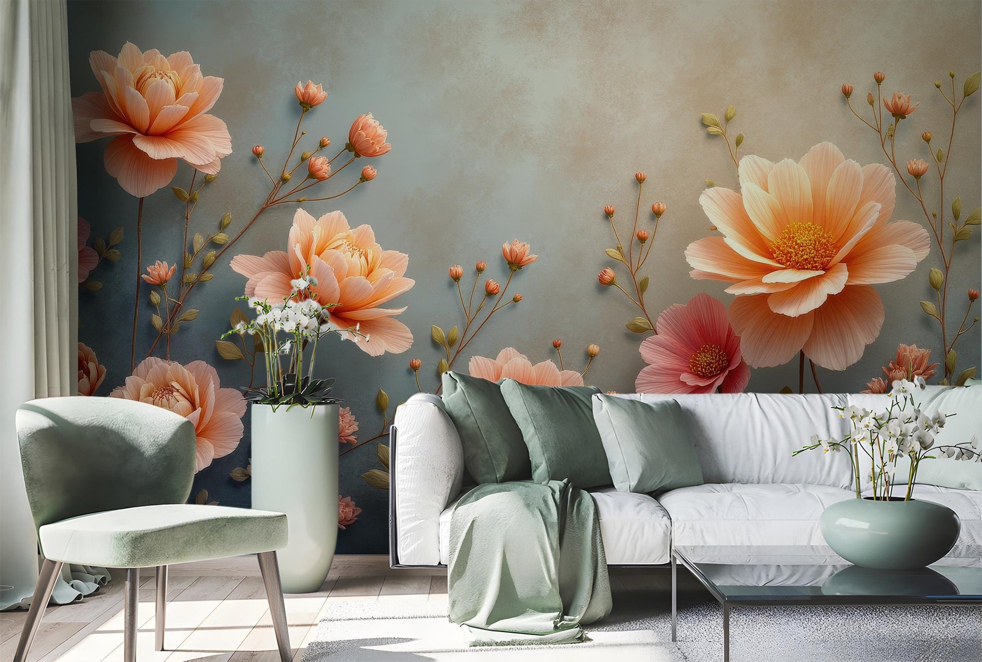 Peach Floral Elegant Temporary Floral Wallpaper – scale reference, Golden Era Walls