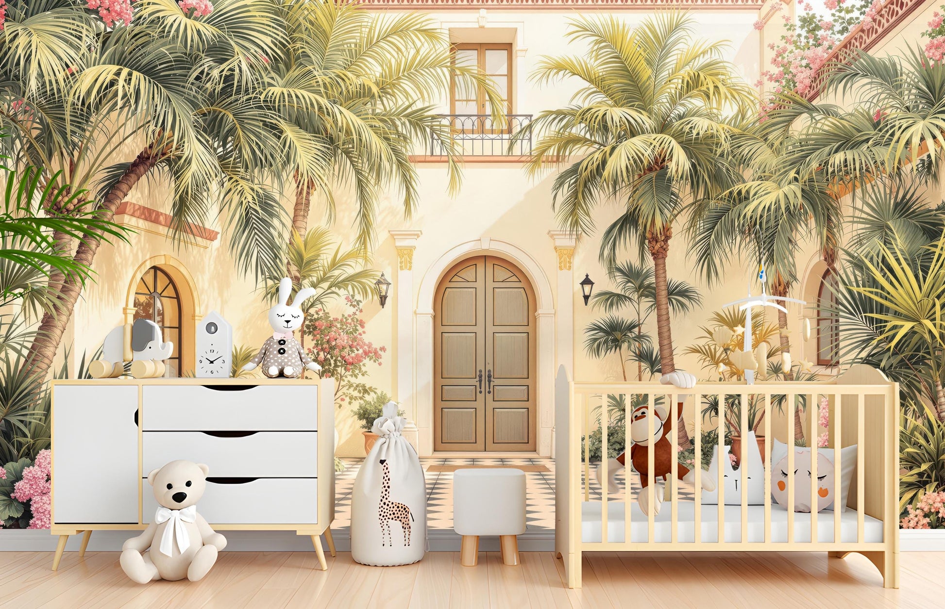 Mediterranean Courtyard Renter Friendly Floral Wallpaper – room setting, Golden Era Walls