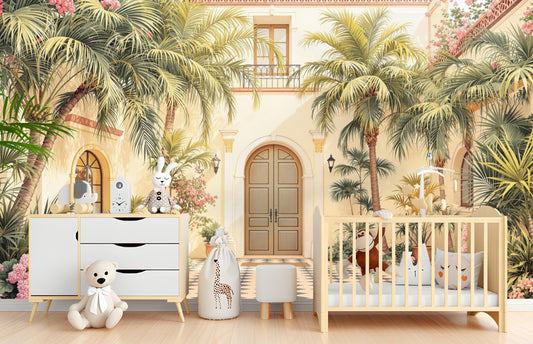 Mediterranean Courtyard Renter Friendly Floral Wallpaper – room setting, Golden Era Walls