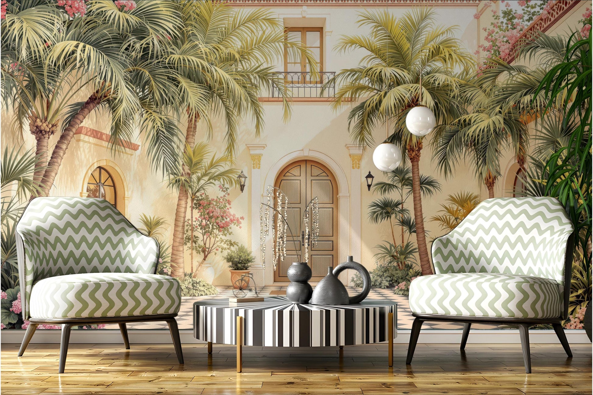Mediterranean Courtyard Renter Friendly Floral Wallpaper – peel and stick wallpaper mural, Golden Era Walls