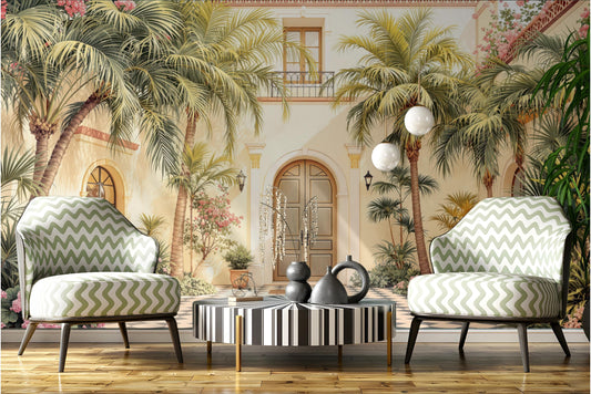 Mediterranean Courtyard Renter Friendly Floral Wallpaper – peel and stick wallpaper mural, Golden Era Walls