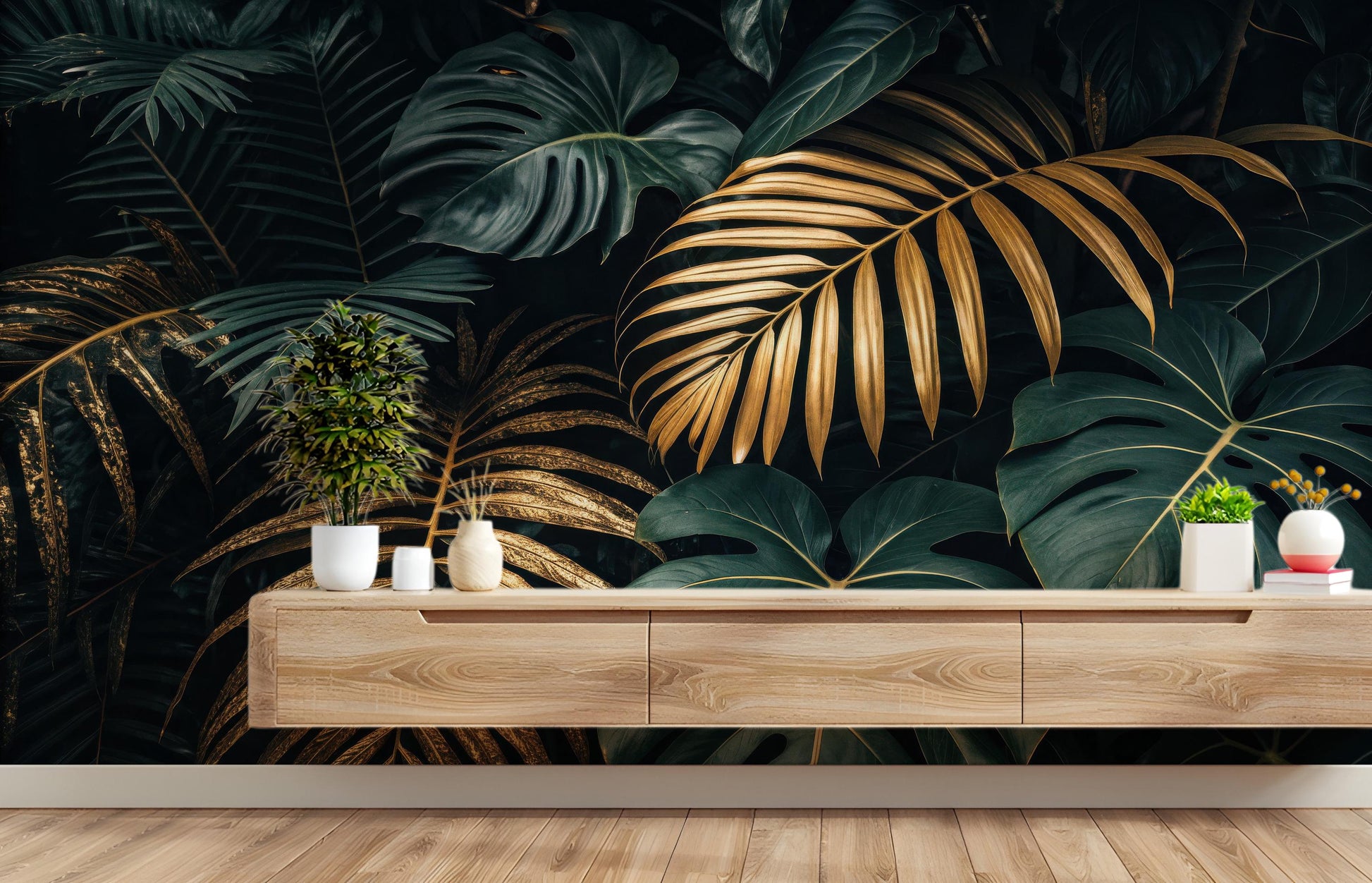 Luxury Tropical Renter Friendly Tropical Wallpaper – room setting, Golden Era Walls